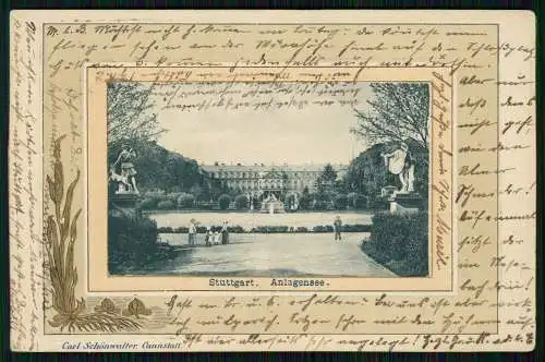 AK Präge Passepartout Stuttgart Partie am Anlagensee 1903 gelaufen
