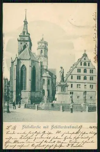 AK Stuttgart am Neckar, Stiftskirche mit Schillerdenkmal 1899 gelaufen