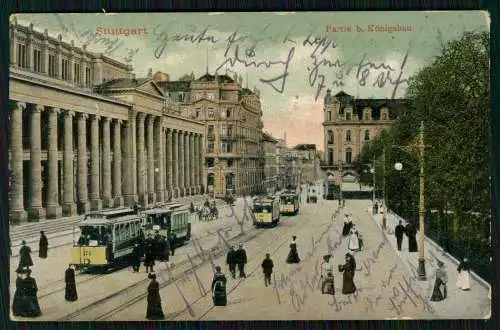 AK Stuttgart Partie am Königsbau Hauptpost, Straßenbahn Linie 2 gelaufen 1908