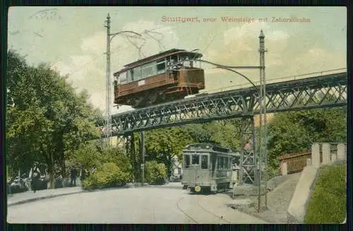 AK Stuttgart Zahnradbahn, Neue Weinsteige, Bahnüberführung Straßenbahn 1910 gel.