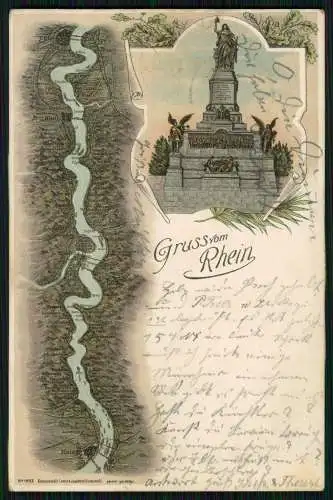 AK Litho Gruß v. Rhein Köln bis Mainz 1898 gelaufen Niederwald-Denkmal Rüdesheim