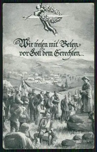 AK Wir treten mit Beten vor Gott dem Gerechten, Betende Soldaten Feldpost 1915