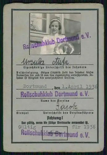 Ausweis und Foto - Ursula Ante Rollschuhklub-Club Dortmund - mit Passbild 1936