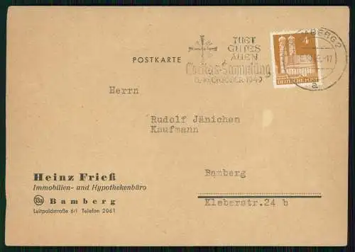 Werbepostkarte Bamberg Immobilien Hypotheken-Büro Heinz Fries 1949 gelaufen