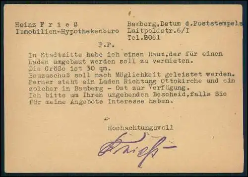 Werbepostkarte Bamberg Immobilien Hypotheken-Büro Heinz Fries 1949 gelaufen