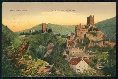 Manderscheid in der Eifel Blick auf beide Burgen mit Brücke 1918 gelaufen