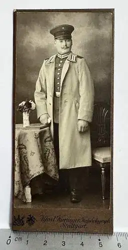 CDV Foto Soldat im Mantel Fotograf Alfred Hirrlinger Stuttgart Gartenstrasse 9