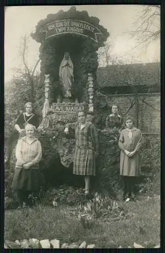 Foto AK unbefleckte Empfängnis Ave Maria Grotte eingestellter Marienfigur 1918