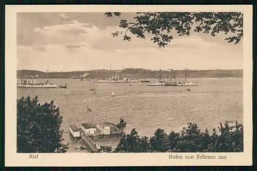 AK Kiel, Hafen von Bellevue aus Blick auf Kriegsschiffe kaiserliche Marine 1911