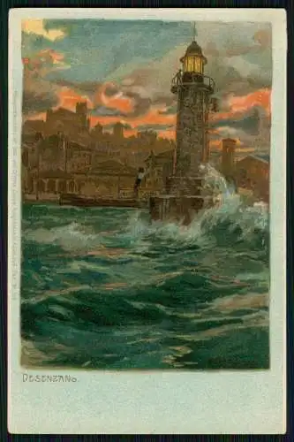 Künstler-AK Zeno Diemer Desenzano del Garda See Leuchtturm bei stürmischem See