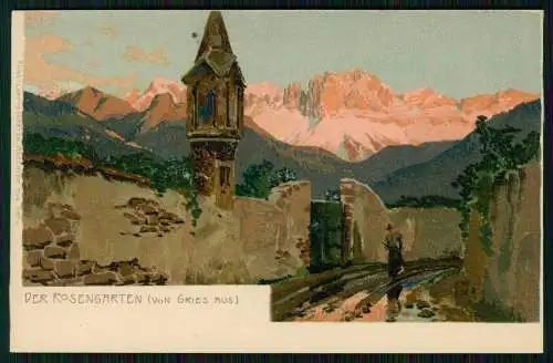 AK Künstler Litho Bozen Bolzano Südtirol, Gries mit Rosengarten kleine Kapelle