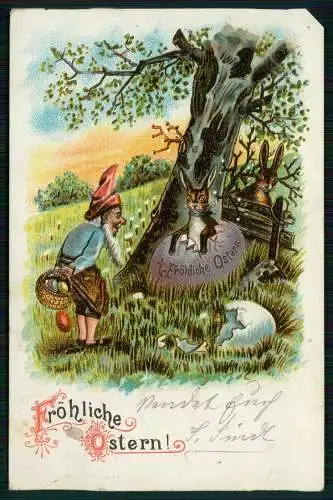 AK Litho Glückwunsch Ostern, Zwerg mit Hase auf Bank am Baum 1905 gelaufen