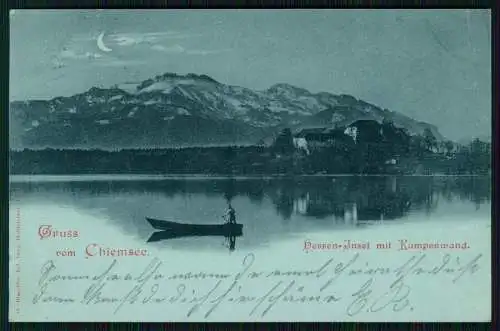 AK Mondschein Herreninsel Chiemsee Blick zur Insel mit Kampenwand Boot 1902 gel.