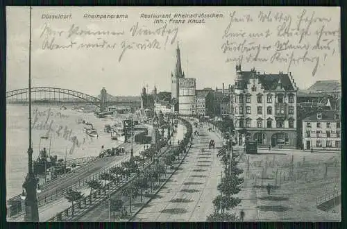 AK Düsseldorf Partie am Rhein, Giebelhaus, Brücke, Schiffe Anleger 1910 gelaufen