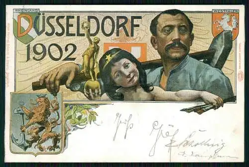 AK Wappen Litho Düsseldorf Industrie Gewerbeausstellung 1902 Arbeiter Kind gel.