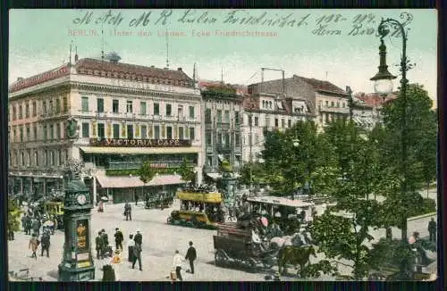 AK Berlin Unter den Linden Ecke Friedrichstraße Straßenbahn Pferdewagen 1909 gel