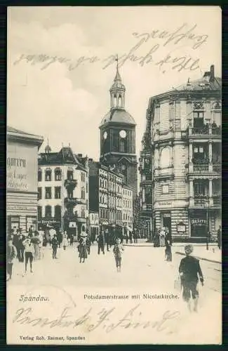 AK Berlin-Spandau, Potsdamerstrasse mit Bäckerei und Nikolaikirche 1905 gelaufen