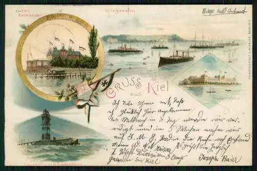 AK Lithographie Kiel Kriegshafen SMS Kriegsschiffe See Badeanstalt 1899 gelaufen