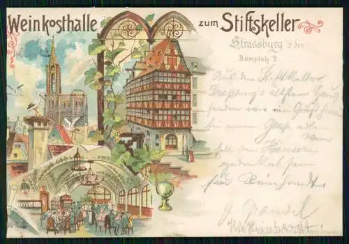 AK Litho Strasbourg Straßburg Elsass Weinkosthalle z. Stiftskeller 1899 gelaufen