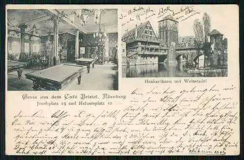 AK Nürnberg Mittelfranken, Cafe Bristol Henkerturm mit Weinstadel 1903 gelaufen