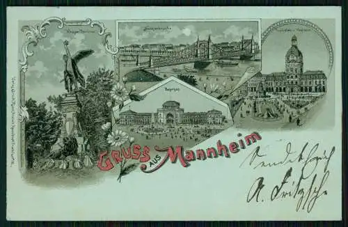 AK Litho Mannheim Realgymnasium, Bahnhof, Kaufhaus, Kriegerdenkmal 1900 gelaufen