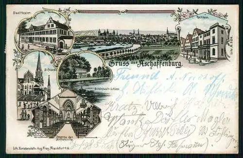 AK Litho Aschaffenburg Unterfranken Bayern, Stiftskirche uvm. 1899 gelaufen