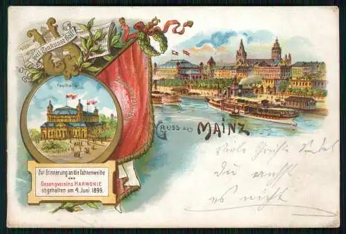 AK Litho Mainz am Rhein, Panorama, Rheinseite Ausflug-Dampfer 1899 gelaufen