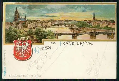 AK Litho Wappen Frankfurt am Main Mainpartie Brücken Kirchen 1900 gelaufen