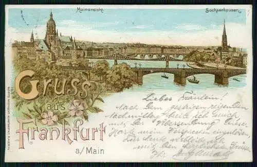 AK Litho Frankfurt am Main Mainpartie Brücke Blick nach Sachsenhausen 1899 gel.