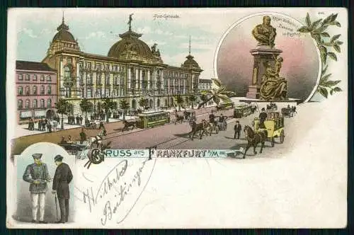 AK Litho Frankfurt Denkmal Kaiser Wilhelm I, Postgebäude Straßenbahn 1899 gel.