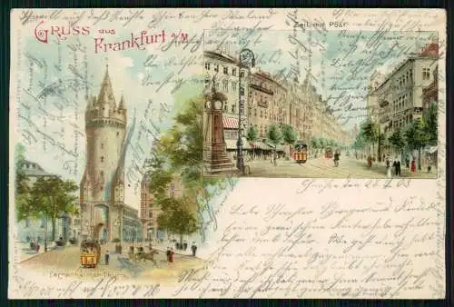 AK Litho Frankfurt am Main, Zeil, Post, Eschenheimer Brunnen 1903 gelaufen