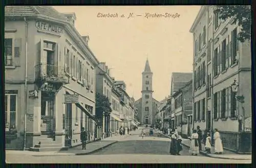 AK Eberbach im Rhein Neckar Kreis, Kirchenstraße, Café Müller Straßenpartie 1911