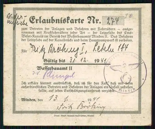 Erlaubniskarte Wasserstraßen Schifffahrtsamt Minden Weserkanal .... 1941-45