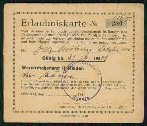 Erlaubniskarte Wasser und Schifffahrtsamt Minden Mittellandkanal .... 1949-50