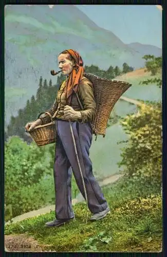 AK En route pour le village, Frau in schweizerischer Tracht mit Pfeife 1912 gel.