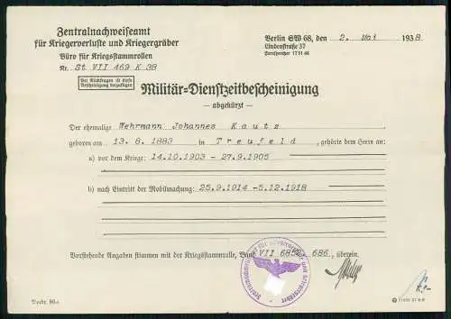 1. WK Militär-Dienstzeitbescheinigung J. Kautz aus Treufeld Grebin Lr. Plön 1914