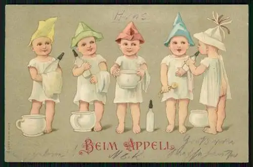 AK Präge Litho Toilettenhumor Beim Appell Kleine Kinder mit Töpfchen 1904 gel.