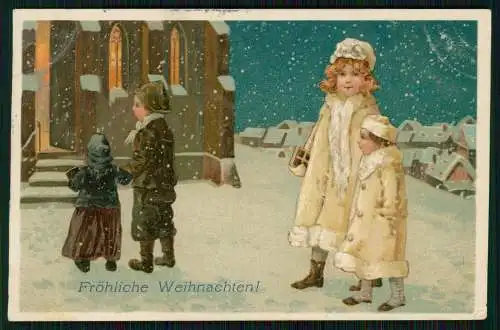 2x AK Lithographie Präge Weihnachten Kinder Schneefall zur Kirche 1908 gelaufen