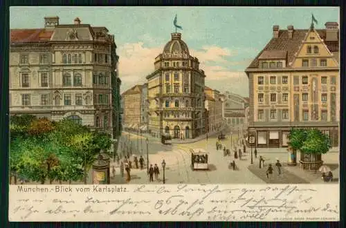 AK München, Karlsplatz mit Geschäft Straßenbahn Passanten uvm. 1902 gelaufen