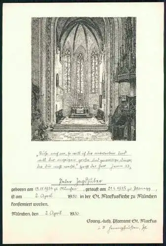 Konfirmation-Urkunde 30x20 Radierung Inneres der St. Markus Kirche München 1950