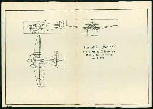 Blatt 30x21 cm - Drei-Seiten-Zeicnung von der Fw 58B Focke-Wulf Weihe Flugzeug