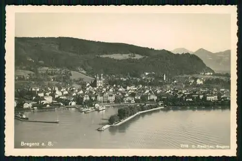 Echt Foto AK Bregenz Vorarlberg Blick von oben Hafen Dampfschiffe 1937