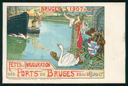 AK Bruges Brügge Flandern Fetes Inauguration 1907 Zeehaven Bär Schwan gelaufen