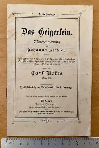 Heft - Das Geigerlein Karl Bohm Johanna Siedler 1898 Verlag J. Hainauer Breslau