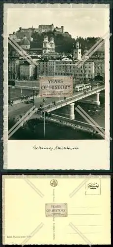 Orig. Foto AK Salzburg Österreich Staatsbrücke alte Autos und Busse