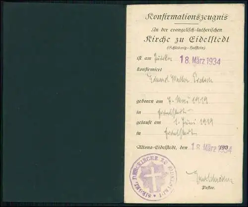 Kirchenpass Konfirmationszeugnis Kirche zu Eidelstedt Eimsbüttel Hamburg 1934