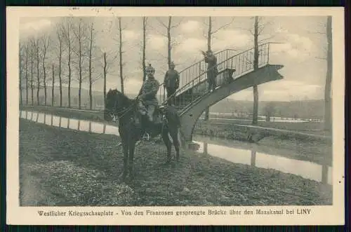 AK 1. WK Liny-devant-Dun Verdun Meuse Soldaten gesprengte Brücke Maas 1916 gel.