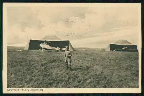 AK 1.WK Deutsche Feldflugstation Frankreich Militärflugzeug 1917 Feldpost gel.