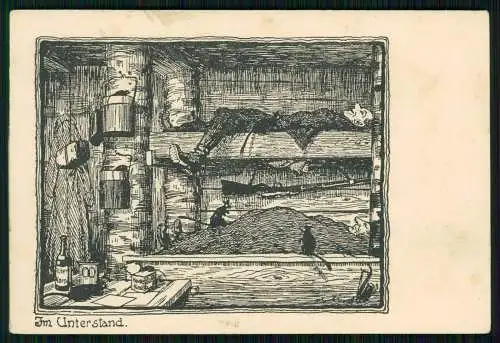 AK 1. WK Feldpost Karte - Im Unterstand Bunker Soldaten schlafen Ratte - 1914-18