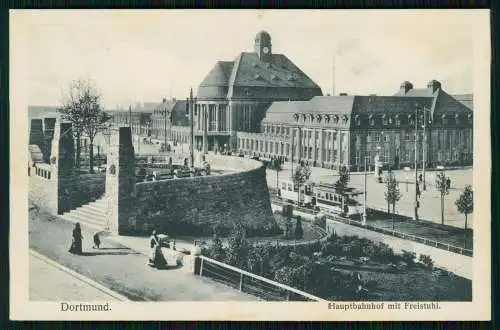 AK Dortmund im Ruhrgebiet, Hauptbahnhof mit Freistuhl, Straßenbahn um 1925